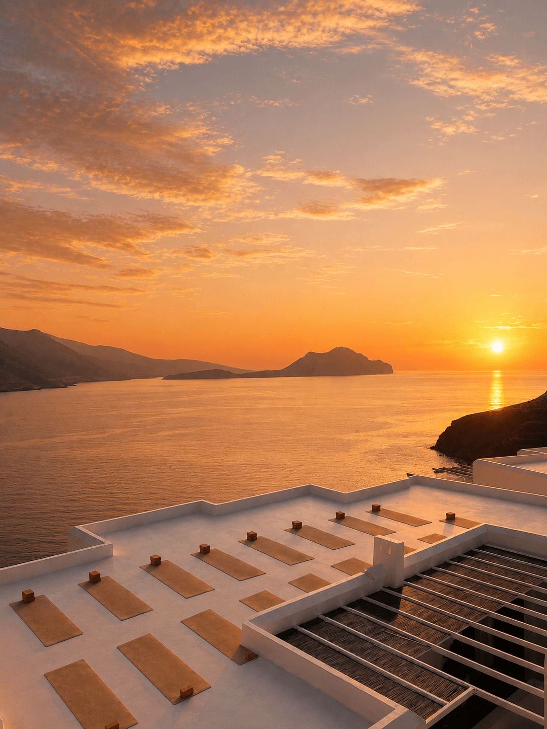Rooftop shala at sunset, mats set up looking out over the Aegean