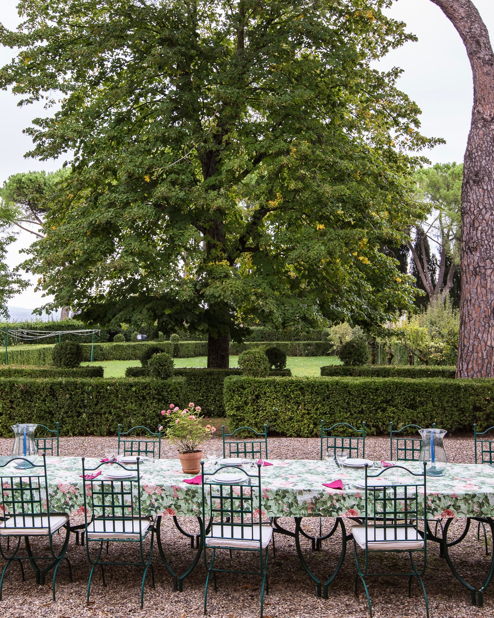 A long table set under a tree in the garden