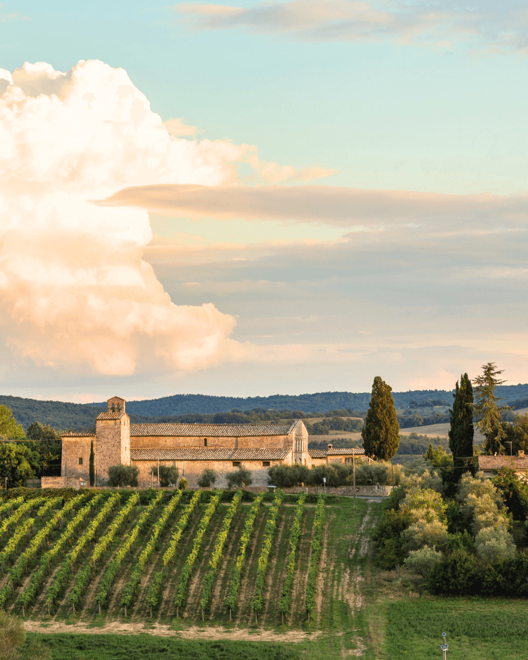 The castle in the Tuscan hills at golden hour